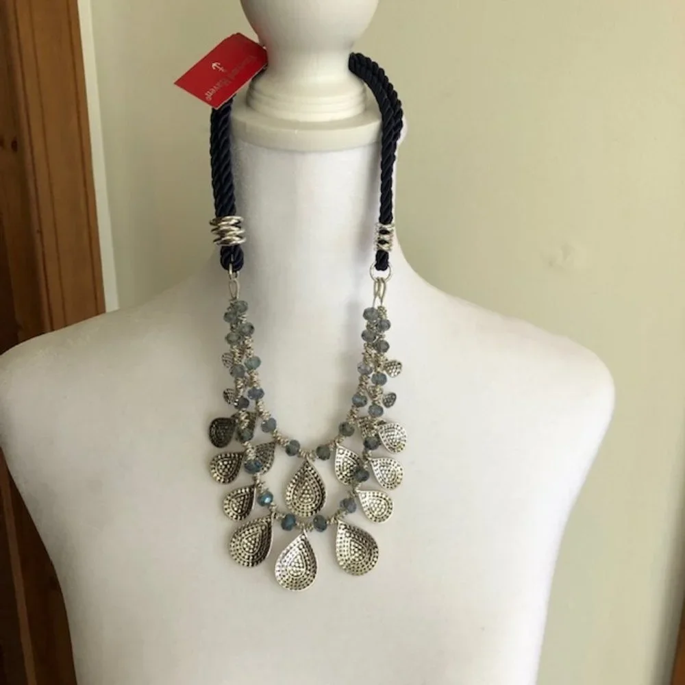VINEYARD HAVEN Statement 2 Strand Silvertone/Blue Rope Necklace NWT